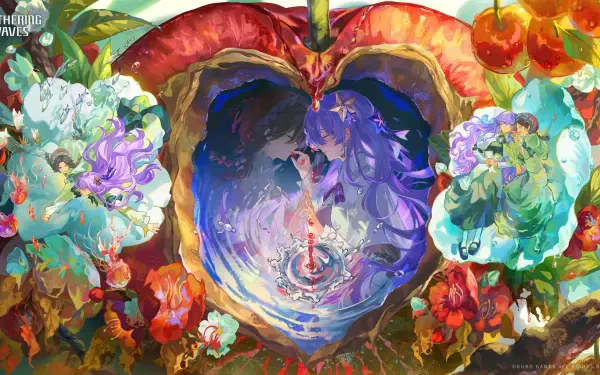 4K Ultra HD wallpaper featuring Cantarella from the video game Wuthering Waves, surrounded by vibrant flowers and mystical, colorful elements.