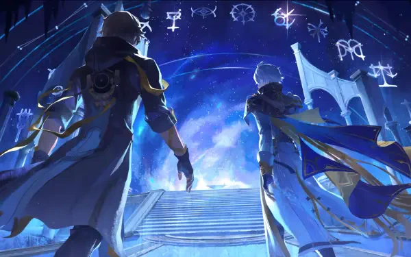 4K Ultra HD wallpaper featuring Phainon from the video game Honkai: Star Rail, standing on illuminated steps beneath glowing mystical symbols in a futuristic setting.