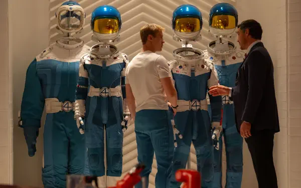 Scene from Fantastic Four (2025) featuring characters in futuristic blue spacesuits, captured in 8K Ultra HD for PC desktop wallpaper and background.