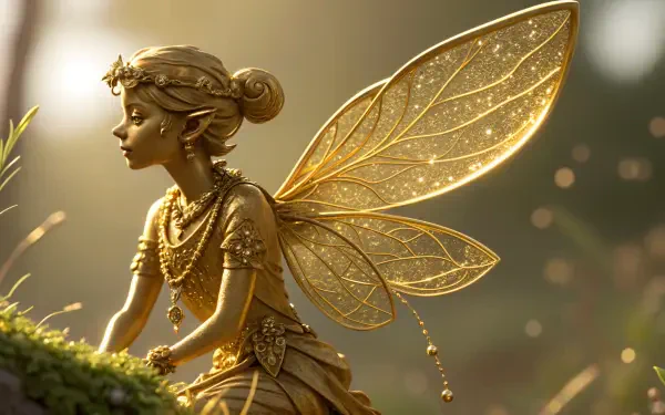A golden pixie with intricate, glowing wings perched on moss, captured in stunning 4K Ultra HD for a PC desktop wallpaper and background.