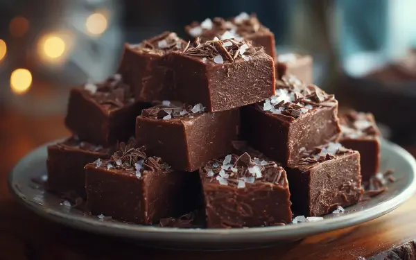 Close-up of rich chocolate fudge squares topped with chocolate shavings on a plate, captured in 4K Ultra HD for a vivid dessert-themed PC desktop wallpaper.