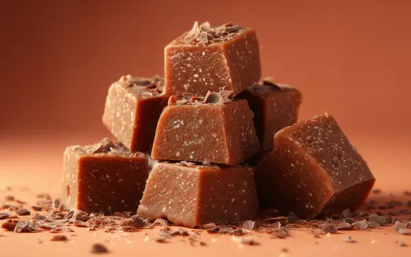 Close-up of rich chocolate fudge squares stacked on a surface with chocolate shavings, presented as a 4K Ultra HD PC desktop wallpaper and background.
