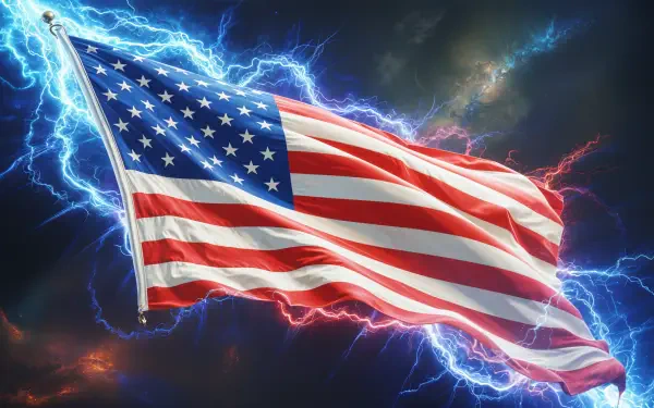 4K Ultra HD desktop wallpaper featuring the American flag illuminated by vibrant blue and red electric lightning, celebrating Flag Day with a dynamic and powerful visual effect.