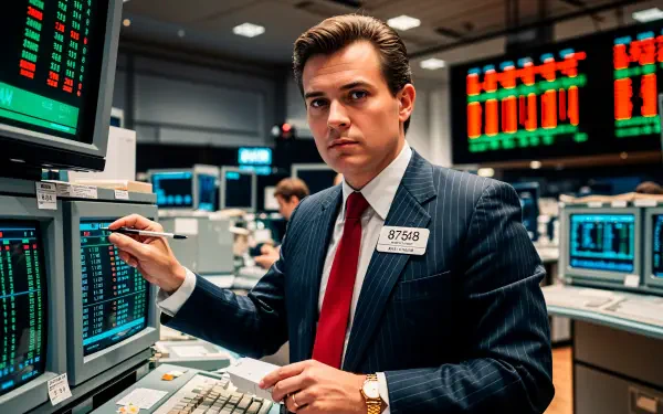 4K Ultra HD desktop wallpaper of a focused stock trader in a suit analyzing market data on multiple screens in a bustling trading floor environment.