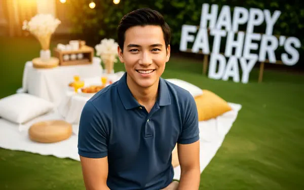 A smiling man outdoors with a bright Happy Father's Day sign in the background, presented as a 4K Ultra HD PC desktop wallpaper and background.