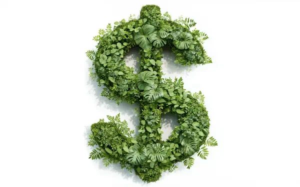 4K Ultra HD PC desktop wallpaper featuring a dollar sign crafted entirely from vibrant green leaves and foliage on a white background.