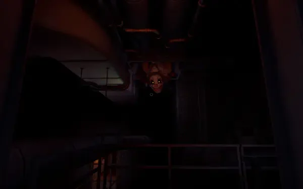 Dark, eerie scene from the video game Five Nights at Freddy's: Secret of the Mimic, featuring a shadowy animatronic in a dimly lit industrial setting as an HD PC desktop wallpaper.