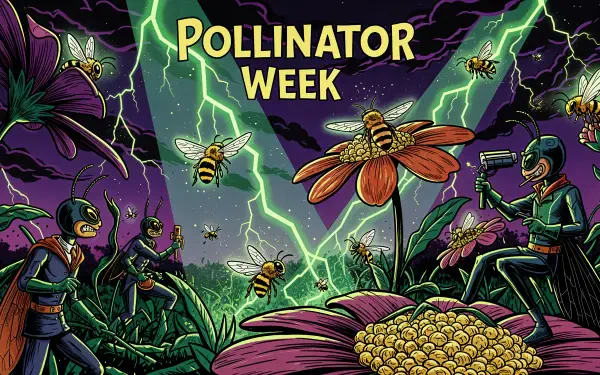 Vibrant 4K Ultra HD desktop wallpaper illustrating Pollinator Week with bees and insects collecting nectar amidst glowing flowers and dramatic lightning in a dark sky.