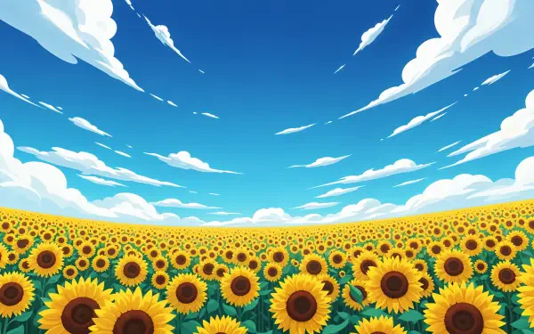 A vibrant 4K Ultra HD PC desktop wallpaper showcasing a vast sunflower field under a bright blue sky with scattered white clouds.
