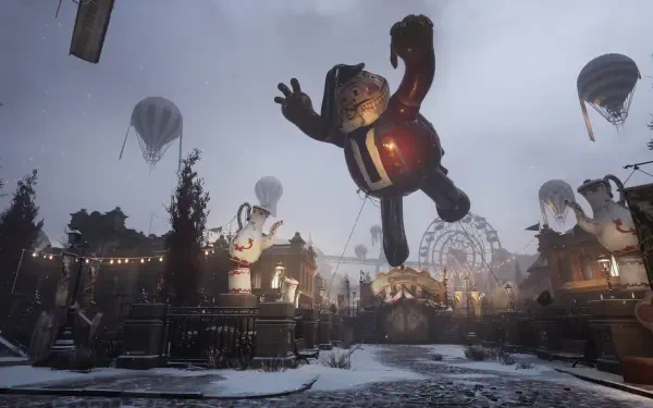 4K Ultra HD PC wallpaper from the video game Lies Of P: Overture features a dark, eerie carnival scene with large floating puppets under a cloudy sky.