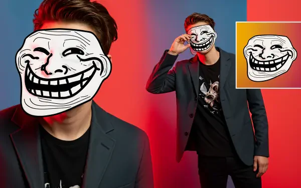 A 4K Ultra HD PC wallpaper featuring a person wearing a troll face mask against a vibrant red and blue gradient background.