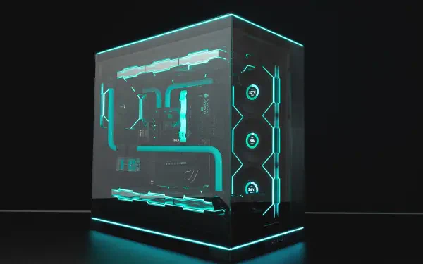 A sleek Republic of Gamers PC tower with RGB lighting, showcasing advanced computer hardware in a high-tech, futuristic design.