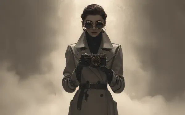A woman spy in a trench coat and sunglasses holds a camera, set against a moody backdrop, captured in a 4K Ultra HD PC desktop wallpaper.