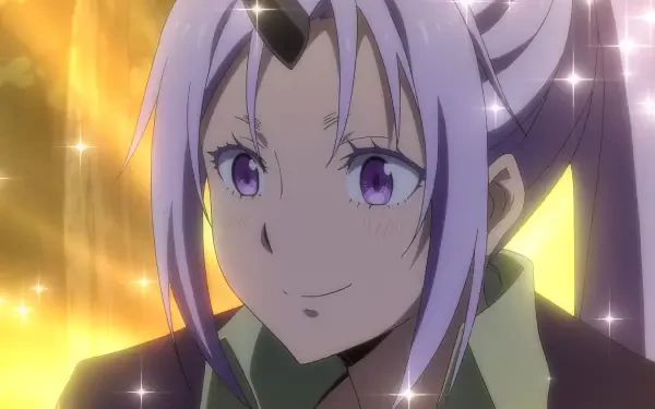 HD anime desktop wallpaper featuring Shion from That Time I Got Reincarnated as a Slime, showcasing her purple hair and violet eyes with a sparkling golden background.