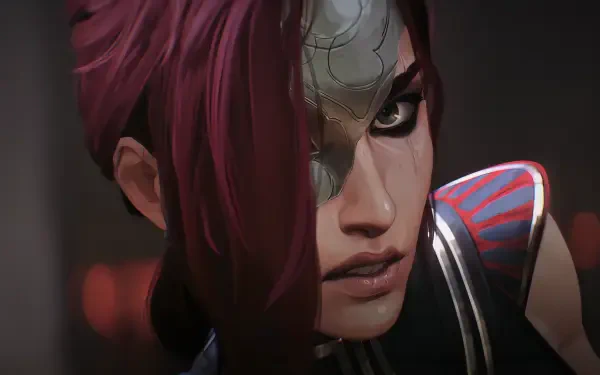 HD PC desktop wallpaper featuring Katarina, a fierce character from the video game League of Legends, with striking red hair and intense gaze.