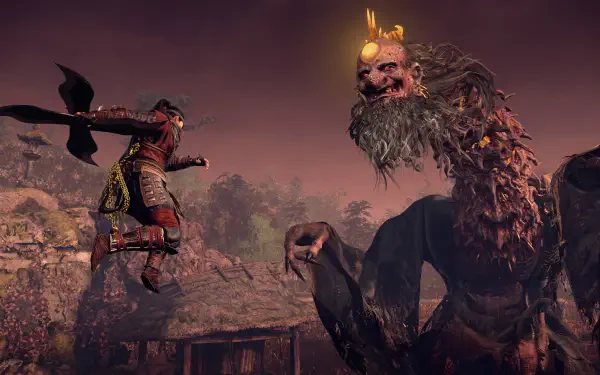 4K Ultra HD desktop wallpaper from the video game Nioh 3, featuring a warrior mid-air attack against a giant monstrous enemy in a dark, eerie landscape.