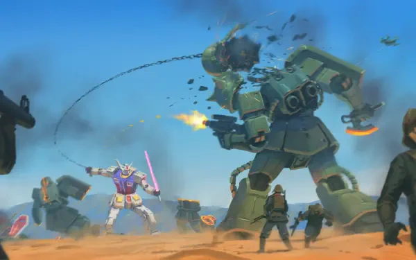HD anime desktop wallpaper featuring the RX-78-2 Gundam from Mobile Suit Gundam in an intense battle scene with enemy mechs and soldiers.