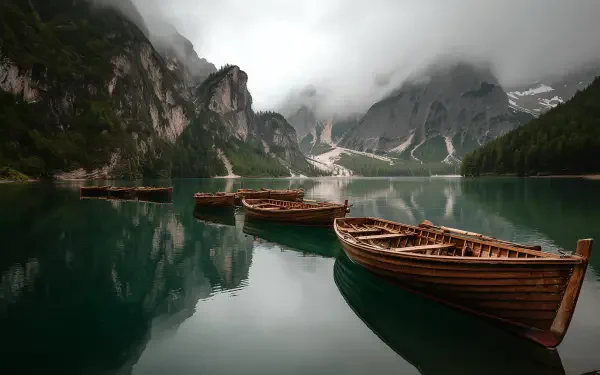 HD desktop wallpaper of a misty mountain landscape with a calm lake reflecting wooden boats floating peacefully on the water.
