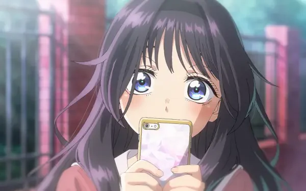 Kaoruko Waguri from The Fragrant Flower Blooms With Dignity — anime HD PC wallpaper: blushing long-haired girl with wide blue eyes holding a phone in a soft sunlit background.