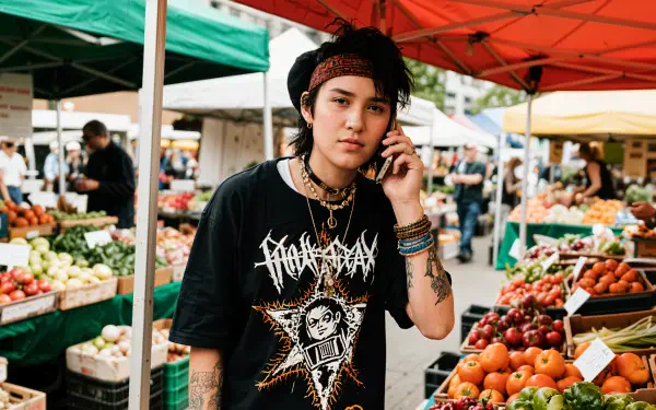 A young person in casual attire browsing fresh produce at a bustling farmers market, captured in vibrant 4K Ultra HD for a PC desktop wallpaper.