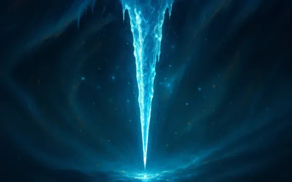 A glowing icicle suspended in a dark, misty scene, rendered in stunning detail for a 4K Ultra HD PC desktop wallpaper.