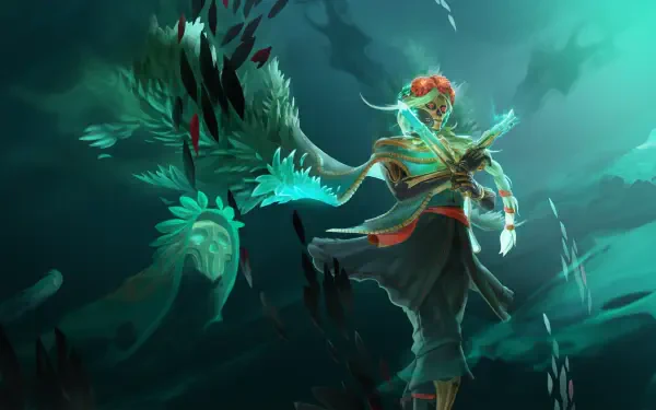 4K Ultra HD wallpaper featuring Muerta from DotA 2, depicted in a mystical underwater scene with glowing elements and dynamic motion.