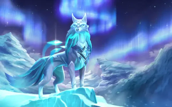 4K Ultra HD DotA 2 wallpaper featuring Crystal Maiden's icy wolf spirit against a glowing northern lights backdrop on a frozen landscape.