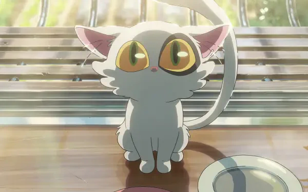 HD anime desktop wallpaper featuring a wide-eyed anime cat from Suzume no Tojimari sitting on a wooden floor with sunlight streaming through a window.