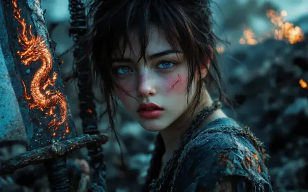 fantasy warrior dragon sword glowing eyes dragon warrior girl power HD Desktop Wallpaper | Background Image
