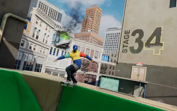 4K Ultra HD PC wallpaper featuring a skateboarder performing a trick in Tony Hawk's Pro Skater 3 + 4, set against an urban backdrop with Stage 34 building.
