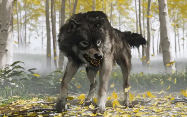 A snarling black wolf in an autumn forest, depicted in a 4K Ultra HD Ghost of Yōtei video game wallpaper with yellow leaves scattered on the ground.