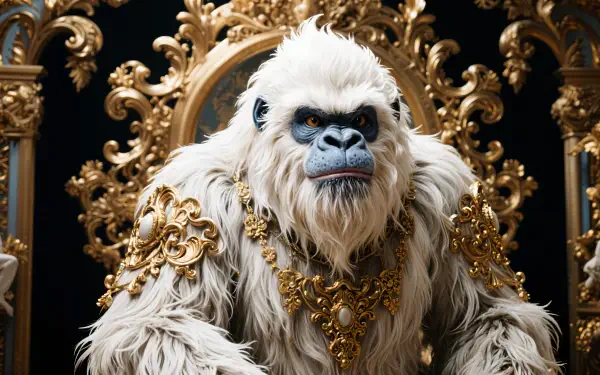 A detailed 4K Ultra HD PC desktop wallpaper featuring a white yeti adorned with ornate gold jewelry, seated on a throne with intricate golden decorations.