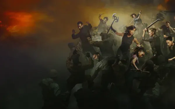 A dynamic 4K Ultra HD PC desktop wallpaper featuring intense action scenes from The Old Guard 2, with characters engaged in combat amidst dark, smoky surroundings.