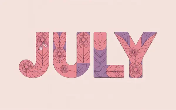 July spelled out with intricate floral patterns in shades of pink and purple, rendered in 4K Ultra HD for a vibrant PC desktop wallpaper.