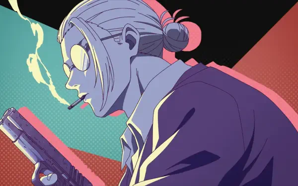 HD PC desktop wallpaper featuring Taro Sakamoto from the anime Sakamoto Days, depicted in a stylized, colorful illustration with a cigarette and gun.