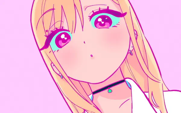 HD anime desktop wallpaper featuring Marin Kitagawa from My Dress-Up Darling with vibrant pink eyes and blonde hair against a soft pink background.