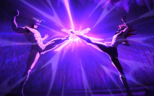 HD anime wallpaper from Dandadan featuring an intense battle scene with Ken Takakura and Jin Enjouji colliding powerful kicks amidst vibrant purple energy.
