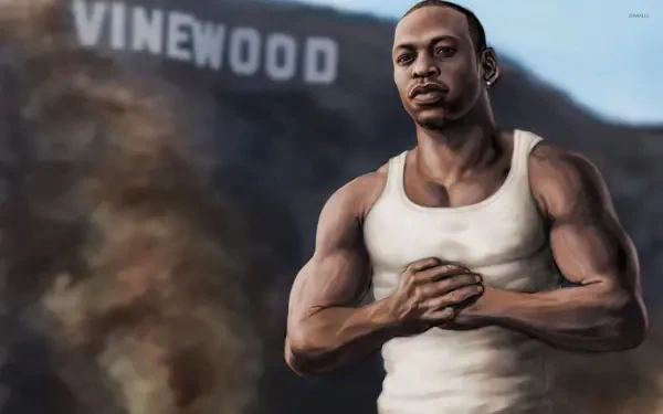 HD PC wallpaper featuring Carl Johnson from the video game Grand Theft Auto: San Andreas with the Vinewood sign in the background.