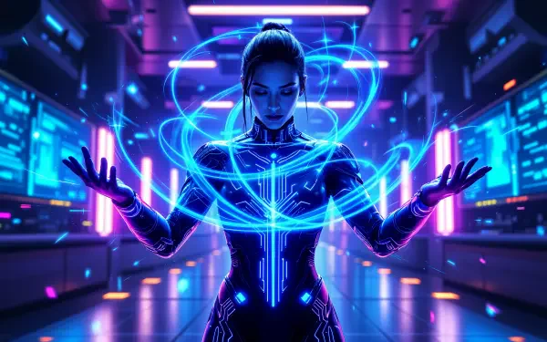 A futuristic figure conjures glowing blue magic spells in a high-tech room, rendered in vivid detail for a 4K Ultra HD PC desktop wallpaper.