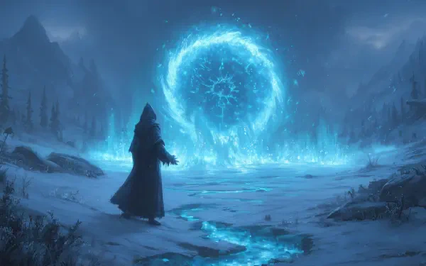 A mage casts a glowing ice spell in a snowy, mystical landscape under a dark, mountainous sky, depicted in stunning 4K Ultra HD fantasy artwork.