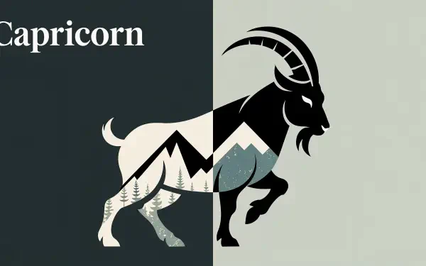 4K Ultra HD Capricorn astrology wallpaper featuring a stylized black and white goat with mountain and forest motifs integrated within its body.