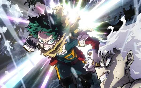 4K Ultra HD anime wallpaper featuring Izuku Midoriya and Tomura Shigaraki from My Hero Academia in dynamic action poses with vivid lighting effects.