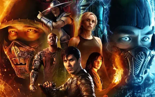 HD PC desktop wallpaper featuring key characters from the movie Mortal Kombat II, showcasing intense fiery and icy elements in a dramatic composition.