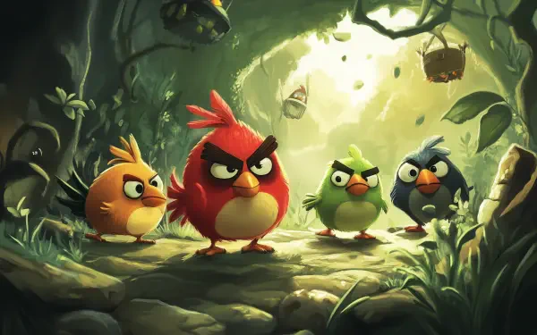 HD PC desktop wallpaper featuring Angry Birds characters in a vibrant forest scene, inspired by the popular mobile game.