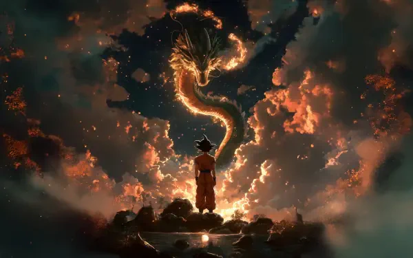 A 4K Ultra HD anime wallpaper featuring Goku from Dragon Ball Super facing the fiery Shenron dragon amidst dramatic clouds and glowing embers.