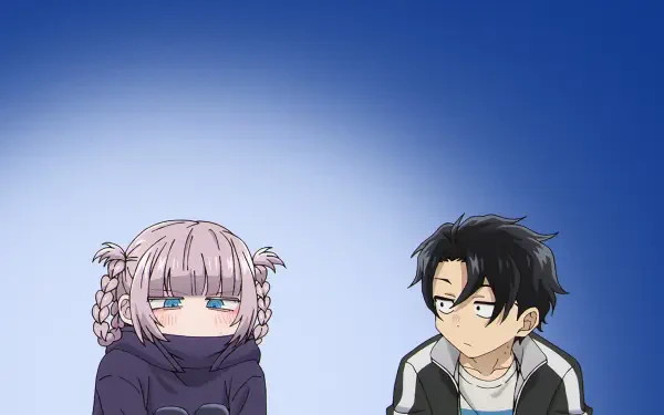 Anime HD PC wallpaper featuring Nazuna Nanakusa and Kou Yamori from Call of the Night against a blue gradient background.