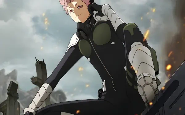 HD PC desktop wallpaper featuring Gen Narumi from the anime Kaiju No. 8 in a dynamic pose with a cloudy, smoky cityscape background.