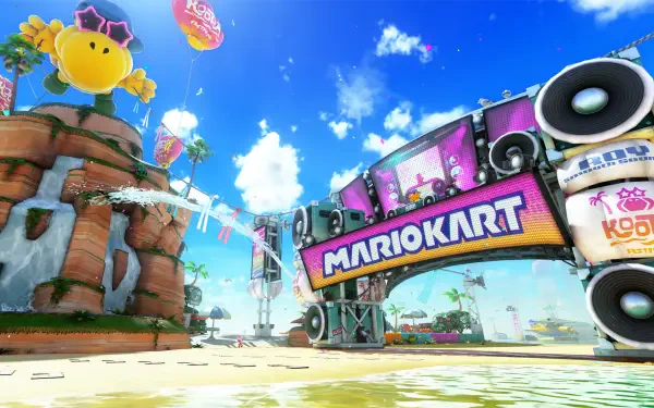 HD PC desktop wallpaper featuring a vibrant Mario Kart world scene with bright skies, colorful signage, and iconic game elements in a lively racing environment.