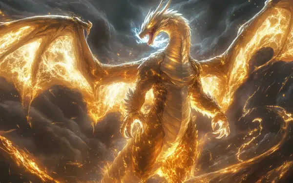 A majestic fire dragon with glowing, molten scales spreads its wings amidst dark stormy clouds in this HD mythical creature desktop wallpaper.