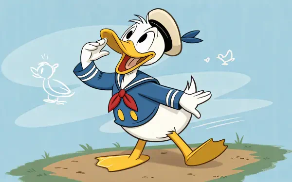 4K Ultra HD desktop wallpaper featuring Donald Duck in his classic sailor outfit, walking cheerfully with a blue sky and simple cartoon bird sketches in the background.